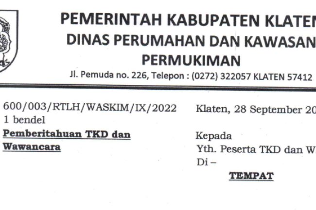 Pemberitahuan TKD dan Wawancara Seleksi Fasilitator RTLH 2022