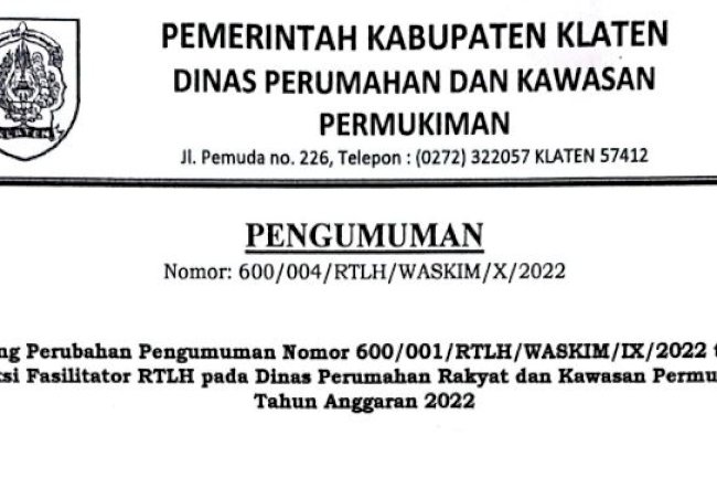 Perubahan Pengumuman  Seleksi Fasilitator RTLH Disperakim Kab. Klaten