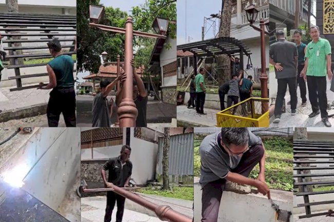 Pemasangan Tiang Lampu dan Pergola Gedung Sunan Pandanaran
